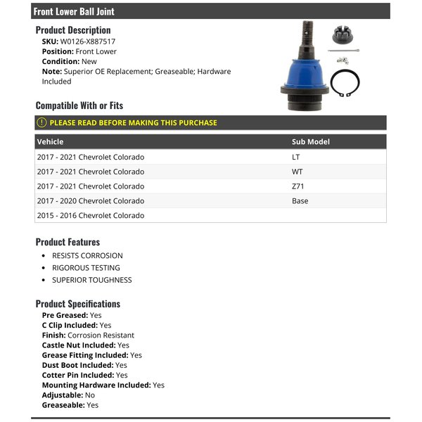 Front Lower Ball Joint - Compatible with 2015-2021 Chevy Colorado