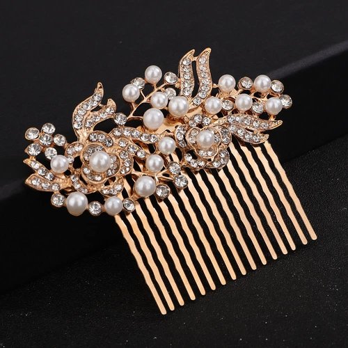 Teyglen Pearl Bride Wedding Hair Comb Gold Flower Headpiece Bridal Pearl Crystal Hair Side Comb Decorative Rhinestone Hair Piece Floral Wedding Hair Accessories for Women Girls