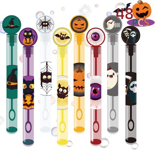 48 PCS Halloween Party Favors Bubble Wands, Halloween Assortment Designs Halloween Toys for Kids, 8 Colors for Halloween Goodie Bag Fillers Halloween Treats Non Candy Bubble Maker Toys