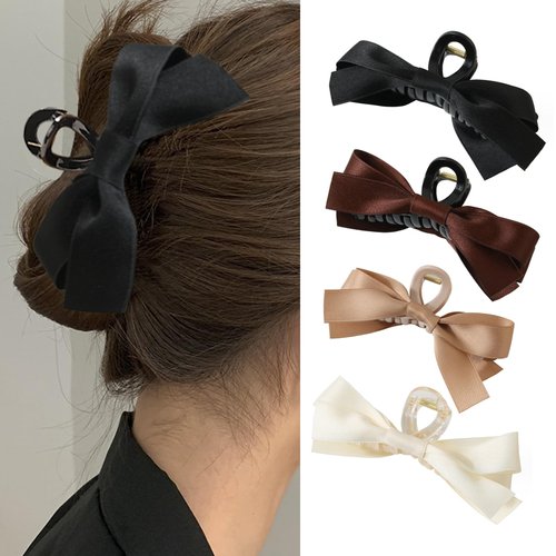 Bafell Big Bow Hair Claw Clips for Women and Girls, 4pcs, One Size Fits All - 14cm/5.51in*5cm/1.96in, Black, Brown, Khaki, White