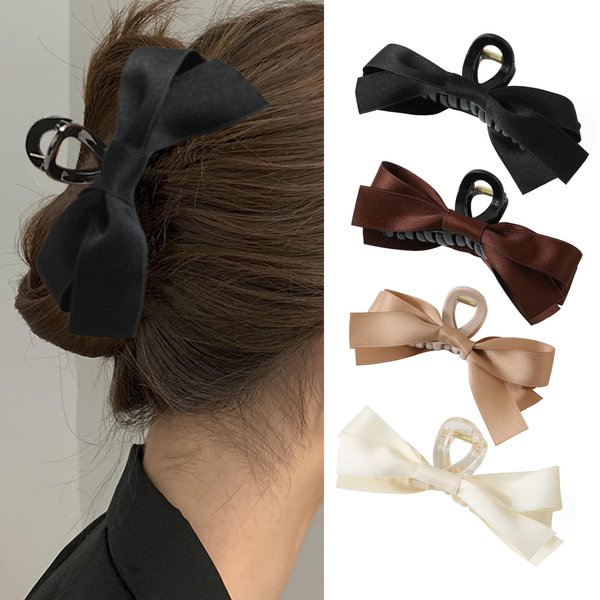 Bafell Big Bow Hair Claw Clips for Women and Girls, 4pcs, One Size Fits All - 14cm/5.51in*5cm/1.96in, Black, Brown, Khaki, White
