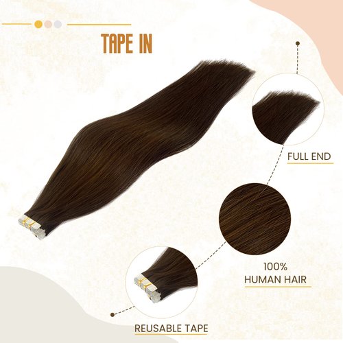 Medium Brown Remy Tape in Hair Extensions,Premium 100% Human Hair with Invisible Tape Attached Semi Permanent Hair Extensions 22Inch Silky Straight Human Hair Extensions Thick Hair for Girls/Women