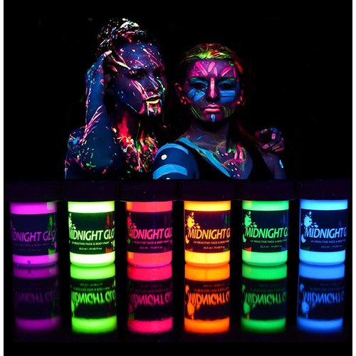Midnight Glo UV Face & Body Paint Set - Fluorescent Face Paints - Blacklight Reactive - Safe, Washable, Non-Toxic (6 Bottles 0.75 oz. Each)