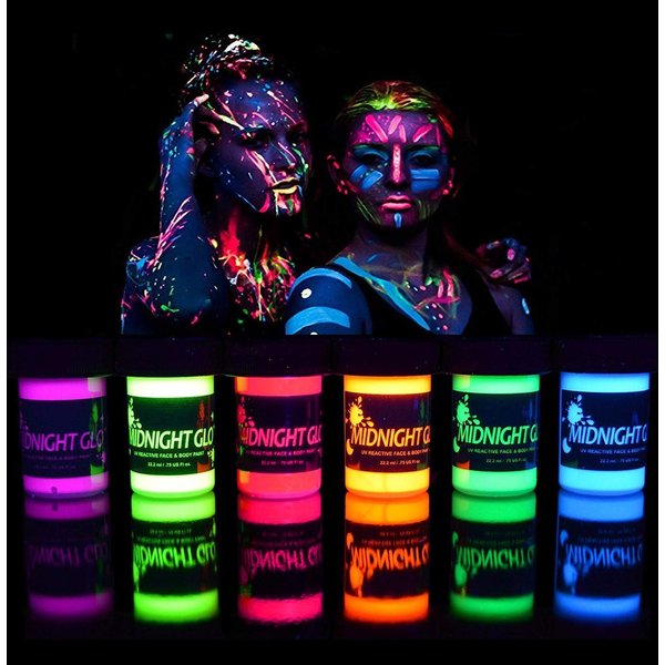 Midnight Glo UV Face & Body Paint Set - Fluorescent Face Paints - Blacklight Reactive - Safe, Washable, Non-Toxic (6 Bottles 0.75 oz. Each)