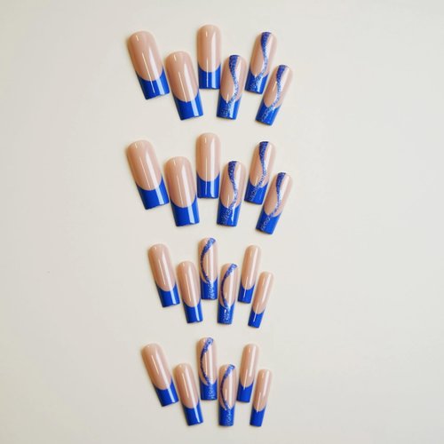BABALAL Square Press on Nails Long Fake Nails Blue French Stick on Nails Glitter Swirl Acrylic Nails 24Pcs Squoval Shiny Manicure Artificial False Nails for Women and Girls