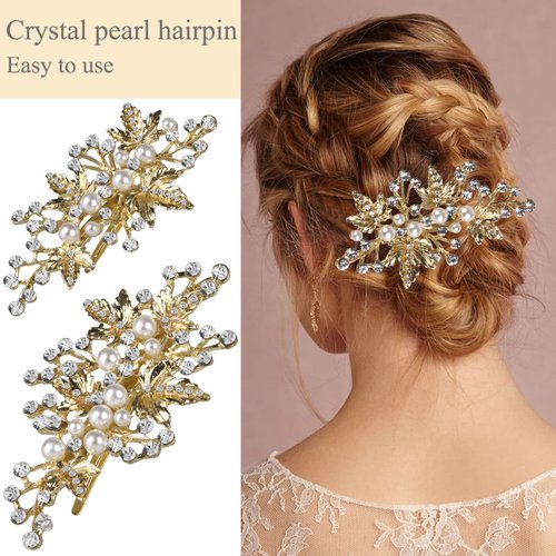 CROWN GUIDE Gold Rhinestone Hair Clips for Women Bridal Hair Pins Piece Wedding Hair Accessories for Brides Leaf Flower Pearl Barrettes for Girls