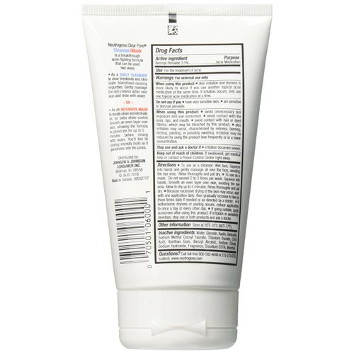 Neutrogena Clear Pore Facial Cleanser / Face Mask containing Kaolin & Bentonite Clay, Acne Treatment with Benzoyl Peroxide, 4.2 fl. oz (Pack of 3)