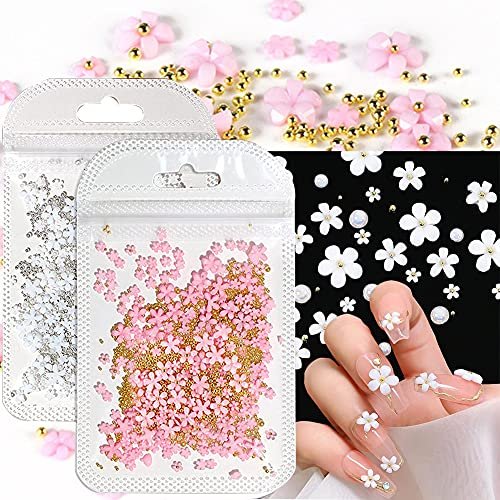 3D Flower Caviar Beads Nail Art Decals Charms for Nails, White Pink 3D Acrylic Flower Nail Charms with Pearl Golden Caviar Beads for Women DIY Manicures Salon Accessories