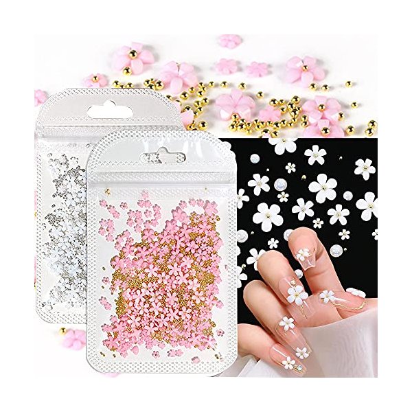 3D Flower Caviar Beads Nail Art Decals Charms for Nails, White Pink 3D Acrylic Flower Nail Charms with Pearl Golden Caviar Beads for Women DIY Manicures Salon Accessories