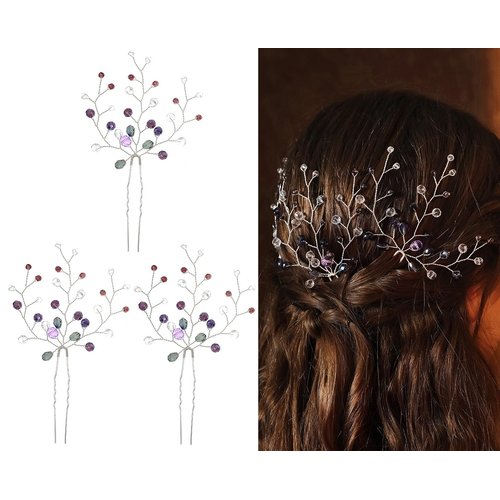 3 Pieces Purple Wedding Hair Pins for Bridesmaid Beads U Shape Wedding Hairpins Bridal Hair Clips for Bride Women and Flower Girls Hair Accessories