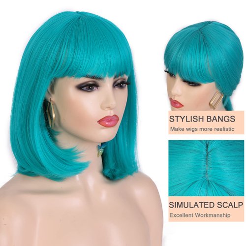 Lady Miranda Teal Wig Short Bob Wig with Bangs Turquoise Wig Short Blue Wig Synthetic Colored Wigs for Women Teal Straight Hair Bob Wig 12Inch Full Bob Wigs Cosplay Wigs for women (Teal Color Wig)