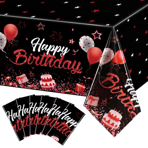 Breling 6 Pack Birthday Party Supplies Confetti Sprinkles Happy Birthday Tablecloths Starry Table Covers for Kids Adults Birthday Party Decorations, 54 x 108 Inches (Red and Silver)
