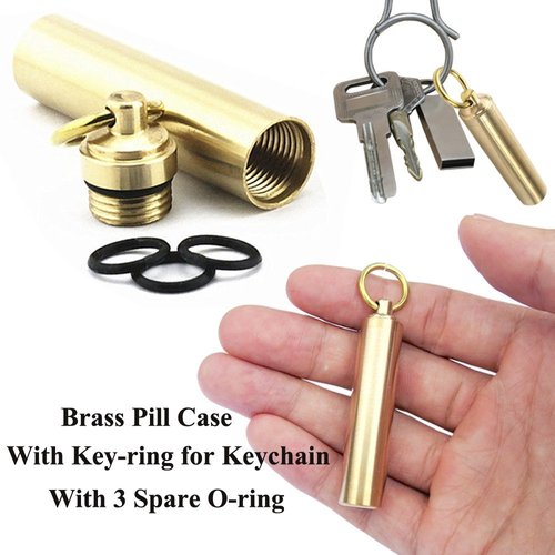 ayamaya Pill Case [2 Pack], Solid Brass Waterproof Pill Fob Holder with Key Ring Plus 3 Spare O-Ring Small Medicine Holder Container Box Portable EDC Tool for Keychain Outdoor Travel Survival