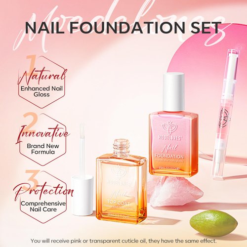 modelones Nail Natural Concealer Set, 15ml Nail Polish Foundation with Top Coat & Cuticle Oil, Nail Care Imperfection Masking Kit, Sparkle Pink