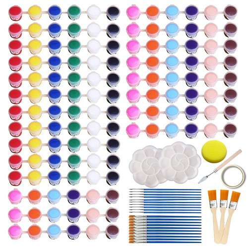 Kabcifea 160 Pieces Washable Acrylic Paint Set,12 Colors Acrylic Paint Strips with 2 Paint Tray 10 Flat and 10 Pointed Brushes Watercolor Paint Sets for Party Classroom Painting Supplies