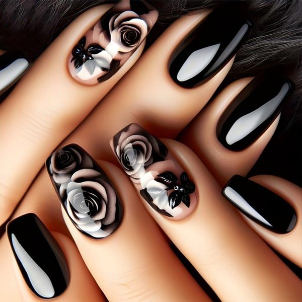 Black Press on Nails Medium Square Black Rose Nails Press ons Flower False Nails with Design Ombre Flat Fake Nails Glossy Black Stick on Nails for Women Summer Acrylic Full Cover Nails Kit 24Pcs