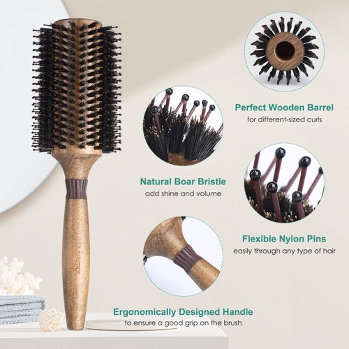Round Brush for Blow Drying, LORSEX Boar Bristle Hair brush for Women Men, Round Hairbrush for Add Shine/Volume, Minimize Damage (2.8 Inch)