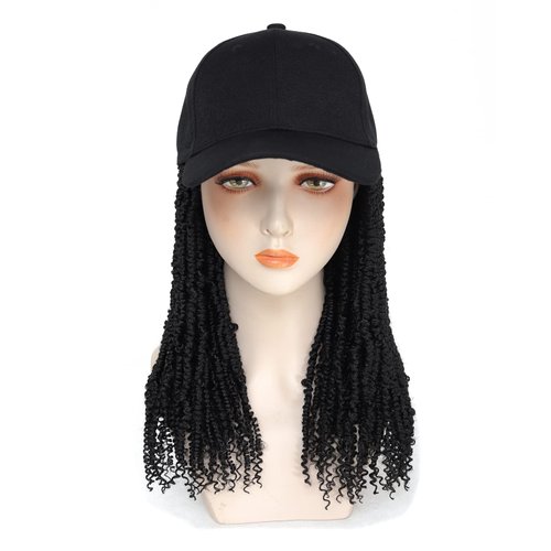 AliRobam Hat Wig Pre-Twisted Passion Twist Hair Braids with Baseball Cap Synthetic Bomb Twists Hair Wig Hat Adjustable Black Baseball Hat Wig for Black Women (14inch, 1B)