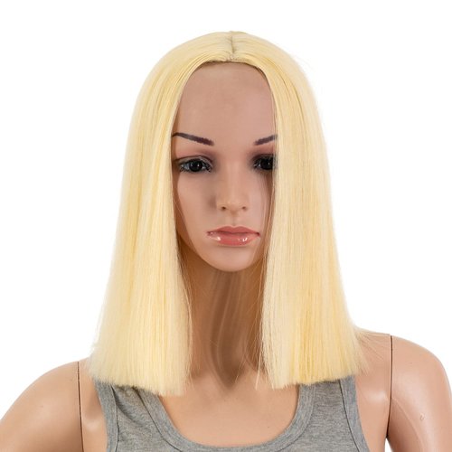 SWACC 12 Inch Short Length Straight Middle Part Hair Wig Synthetic Heat Resistant Wigs for Women with Wig Cap (613 Blonde)
