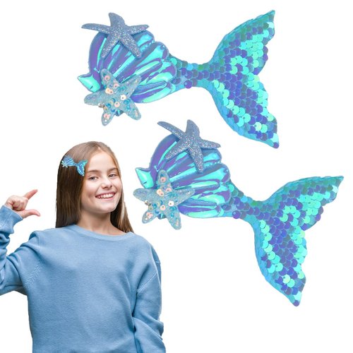 Blue Mermaid Hair Clips Sequins with Starfish Shell Hair Pins Reversible Fish Tail Hair Barrettes Glitter flakes Mermaid Hair Alligator Clips for Women Girls Cute Hair Accessories Birthday Beach Party Headpiece Supplies 2 PCS