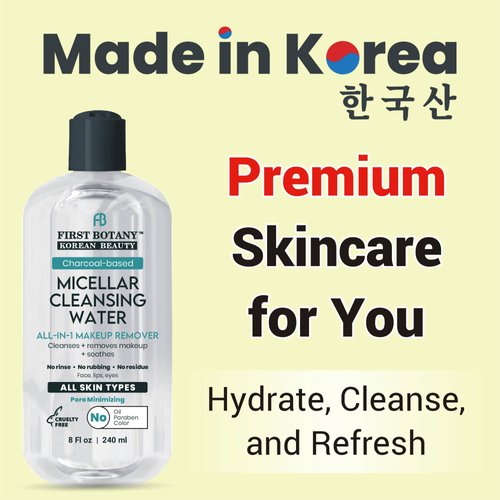Korean Micellar Water Makeup Remover - Charcoal Hydrating Toner and Cleanser, Pore Cleansing,Oil-Free, Gentle for All Skin Types 8 oz, Pack of 2