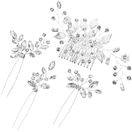 Wedding Hair Piece Sets for Brides, 4 Pieces Wedding Hair Comb Bridal Hair Pins Crystal Pearl Hair Accessories, Bride Hair Pins Rhinestones Flower for Brides Bridesmaids Women Girls