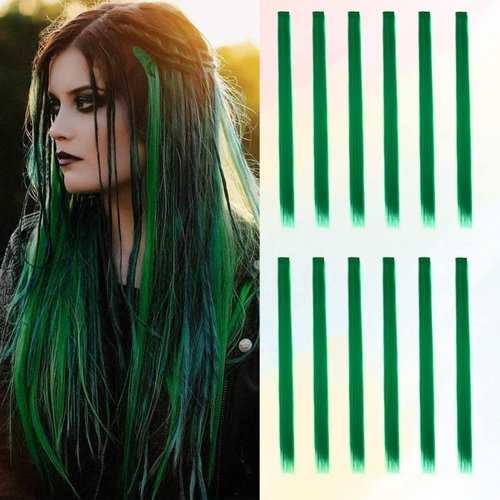 Colored Green Hair Extensions Clip in, BARSDAR 12 PCs Highlight Hair Extensions Straight Synthetic Clip in Hairpieces for Women Girls Kids Daily Party Christmas-Green