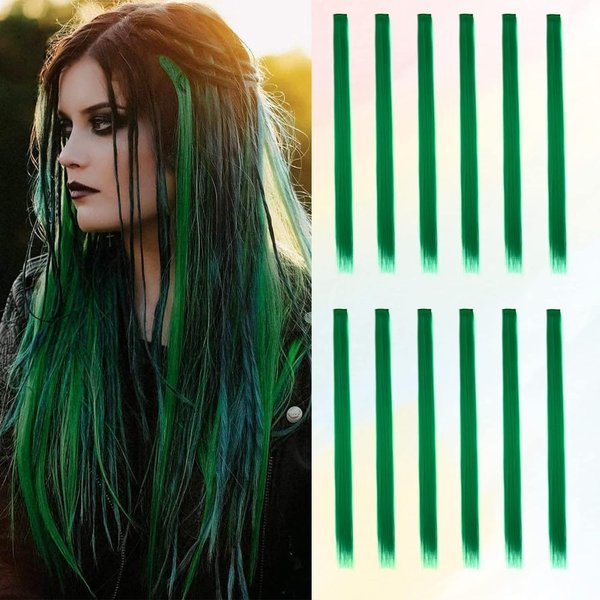 Colored Green Hair Extensions Clip in, BARSDAR 12 PCs Highlight Hair Extensions Straight Synthetic Clip in Hairpieces for Women Girls Kids Daily Party Christmas-Green