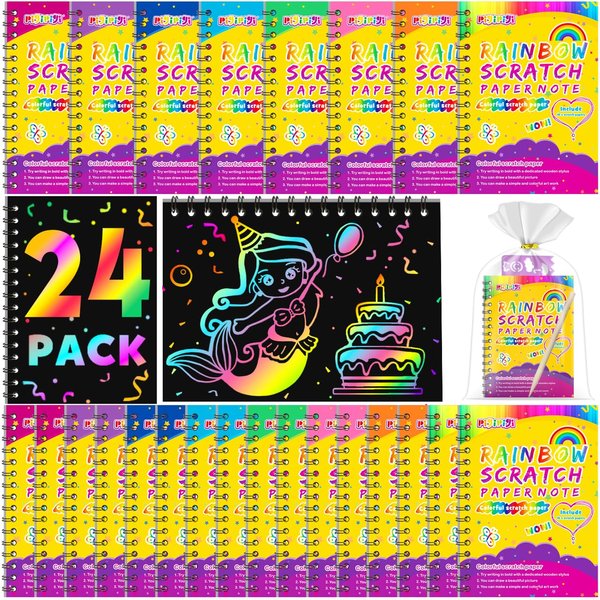 pigipigi Party Favor Toy for Kids: 24 Pack Rainbow Art Scratch Notebook, Colorful Craft Scribble Paper Magic Black Drawing Pad kit, Activity Gift Set for Girl Boy Children Birthday Christmas