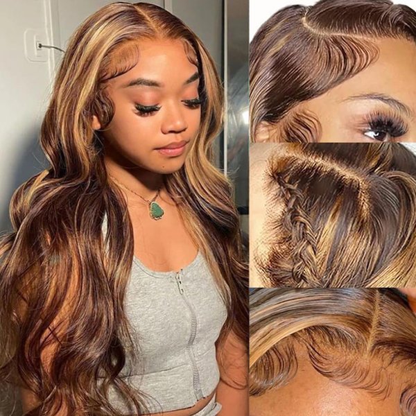 Naliandra 18Inch Honey Blonde Lace Front Wig Human Hair Pre Plucked Ombre 13x4 Body Wave Lace Front Wigs Human Hair Colored Highlight 180% Density HD Frontal Wigs