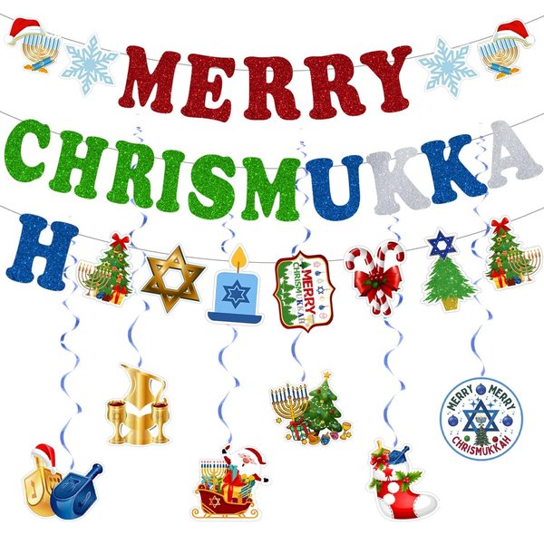 Merry Chrismukkah Banner Hanging Swirls, Merry Chrismukkah Party Decorations Happy Hanukkah Christmas Decorations, Christmas & Hanukkah Theme Decorations