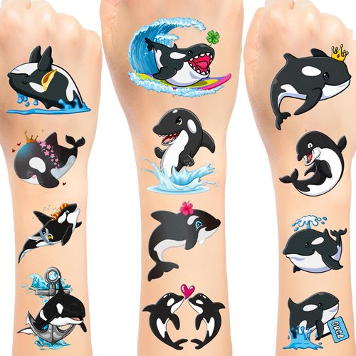 144 PCS Orca Whale Temporary Tattoos Stickers, Orca Killer Whale Party Favors Under The Sea Ocean Animal Orca Birthday Decorations Supplies for Kids Boys Girls Classroom Rewards, 24 Sheets