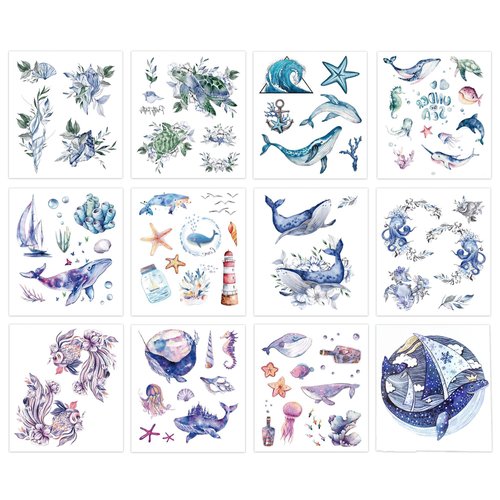Fssqii 120 Styles Ocean Animals Temporary Tattoos for Kids 12 Sheets Fake Sea Animal Tropical Marine Fish Shark Dolphin Waterproof Tattoo Stickers for Girls Boys Body Fashion Cute Tattoo Stickers