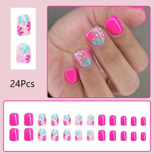 24 Pcs Square Press on Nails Short Preppy Fake Nails Cute Floral False Nails with Design Pastel Nails Press ons Spring Glue on Nails Glossy Reusable Stick on Nails Artificial Nails for Women Girls