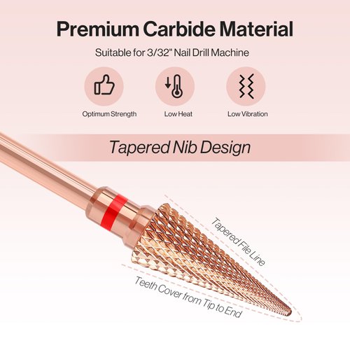 MelodySusie Professional Tapered Nib Nail Drill Bit, 3/32'' Carbide Tungsten Multi-function Bit, Suitable for Manicure Pedicure Cuticle Gel Polishing, Technicians Bit, Rose Gold, Series Bit-M, Fine