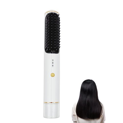 ABHI Portable Cordless Hair Straightening Brush with 3 Levels Temperature Auto-Off Anti-Scald Travel Curler Styler USB C TypeC Hair Straightener Comb - Pearl White