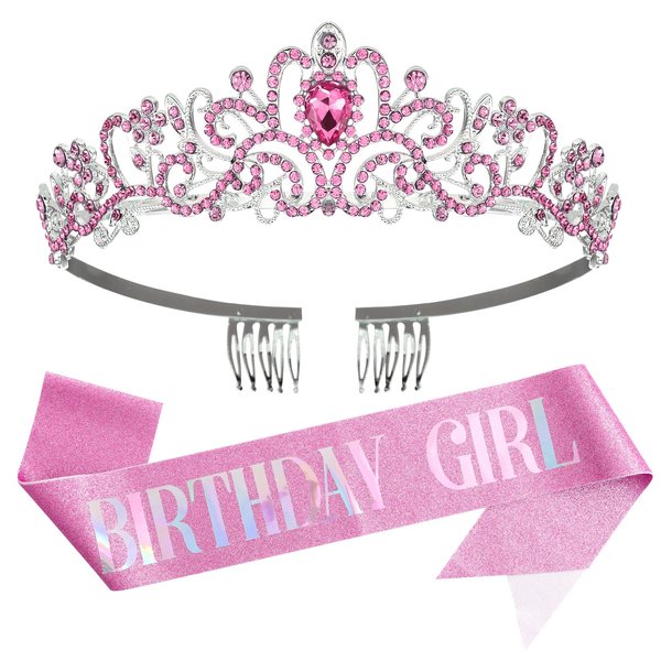 Birthday Girl Sash and Crown Set, Rhinestone Birthday Girl Headband Glitter Princess Birthday Sash And Crowns for Women Happy Birthday Tiara Accessories Favors (pink)