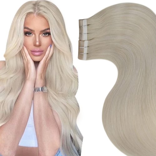 LaaVoo Tape in Hair Extensions Platinum Blonde Human Hair Extensions Tape in 16 Inch White Blonde Hair Extensions Human Hair Tape in Double Sided Soft 20pcs 40g