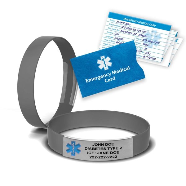 MedicBand Medical ID Bracelet for Women and Men. Incl. 4 Lines Custom Engraving, Emergency Medical Information Card, Complimentary Access PHR (Personal Health Record) - Gunmetal Gray