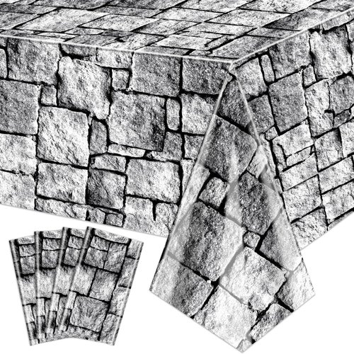 4Pcs Stone Wall Tablecloths, Cobblestone Tablecloths, Rectangular Brick Tablecloth, Stone Printed Table Cover, Stone Wall Backdrop for Medieval Castle Knight Halloween Party Supplies, 51 x 106 Inch