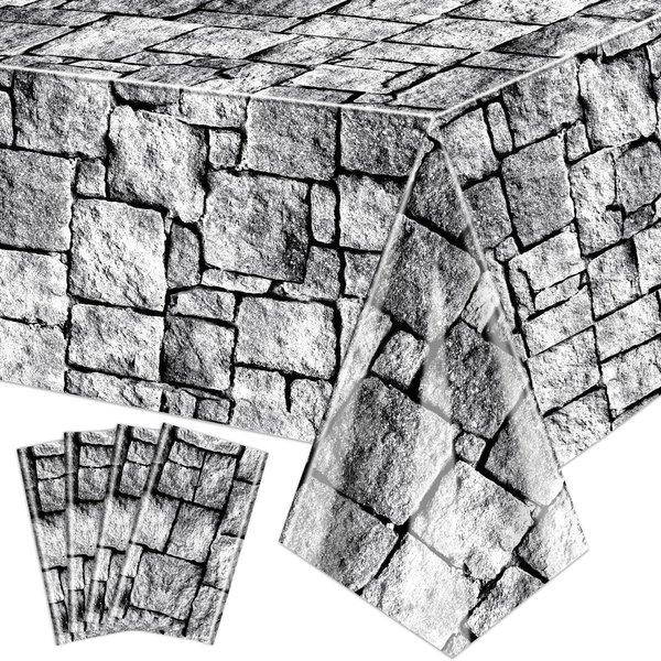 4Pcs Stone Wall Tablecloths, Cobblestone Tablecloths, Rectangular Brick Tablecloth, Stone Printed Table Cover, Stone Wall Backdrop for Medieval Castle Knight Halloween Party Supplies, 51 x 106 Inch