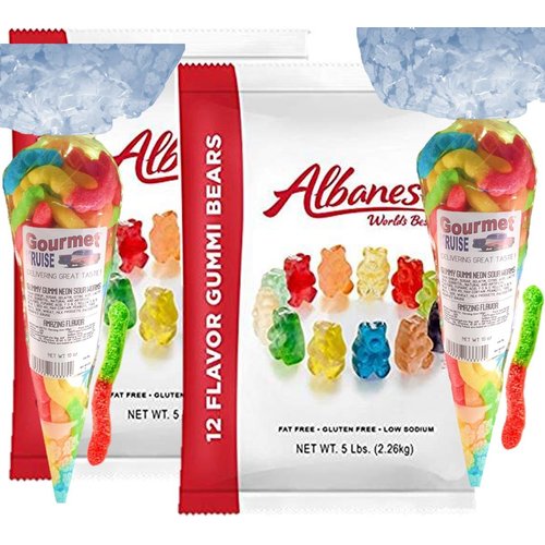 Albanese 12 Flavor Gummi Bears (2-5lb bags) Plus (2-10oz) Sour Worms Gourmet Kruise Signature Gift Bags (NET WT 180 OZ) 2 Item Bundle