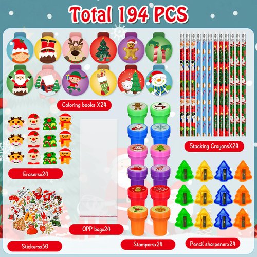 194 Pcs Christmas School Stationery Set Xmas Classrooms Exchange Stationery Party Favors Class Reward Prizes Notebooks Pencils Sharpener Erasers Stickers Stamps for Party Supplies (Snowball)