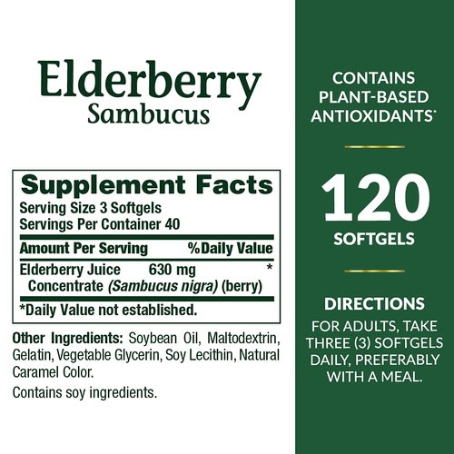 Nature's Bounty Sambucus Elderberry Herbal Supplement, for Immune Support Rapid Release Softgels, 630 mg per Serving, 120 Count