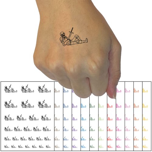 Dead Skeleton Warrior with Sword Temporary Tattoo Water Resistant Fake Body Art Set Collection - Orange (One Sheet)