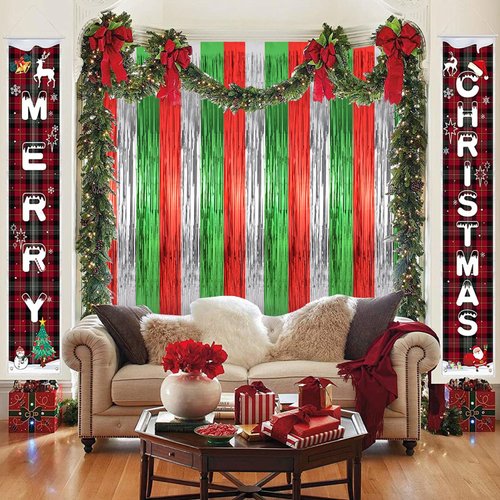 YUKL Red Green Silver Christmas Backdrop Curtains 2Pack Christmas Decorations Fringe Curtains Tinsel Backdrop Streamers Party Decorations for Christmas Party Decorations Indoor Outdoor Party Supplies
