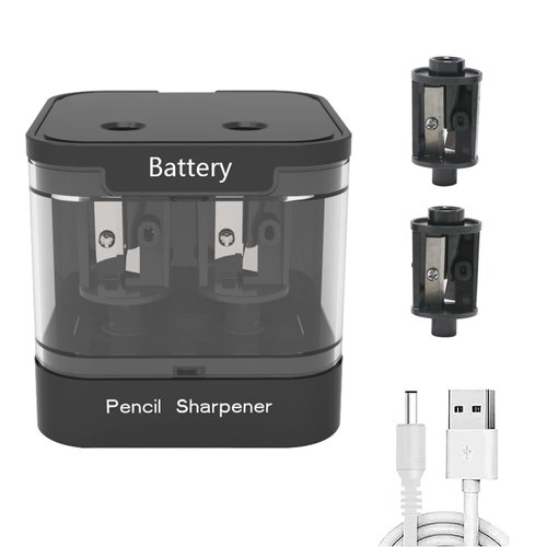 Bepoper Double Hole Electric Pencil Sharpener, USB and Battery Operated Pencil Sharpener with Brush and 2 Spare Blades, Portable Fast Sharpen Suitable for 6-8mm 8-12mm Pencils (Black)