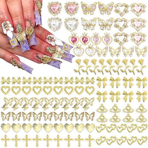 RODAKY 124PCS Gold Nail Charms 3D Butterfly Nail Gems Pink Crystal Heart Nail Art Jewelry Bow Cha...