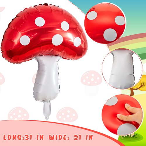 Lewtemi 6pc Red & White Mushroom Balloons, Forest Theme Birthday Decor, 31 x 21 Inch, Unisex Party Decorations