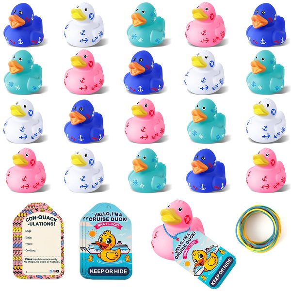 ANGGIKO 60 Pack Cruise Rubber Duck Kits Includes 20 Pcs Rubber Cruise Ducks, 20 Pcs Tags and 20 Pcs Rubber Bands, Cruise Ships Hiding Ducks, Carnival Game Rewards, Valentines Day Gifts Bath Toys